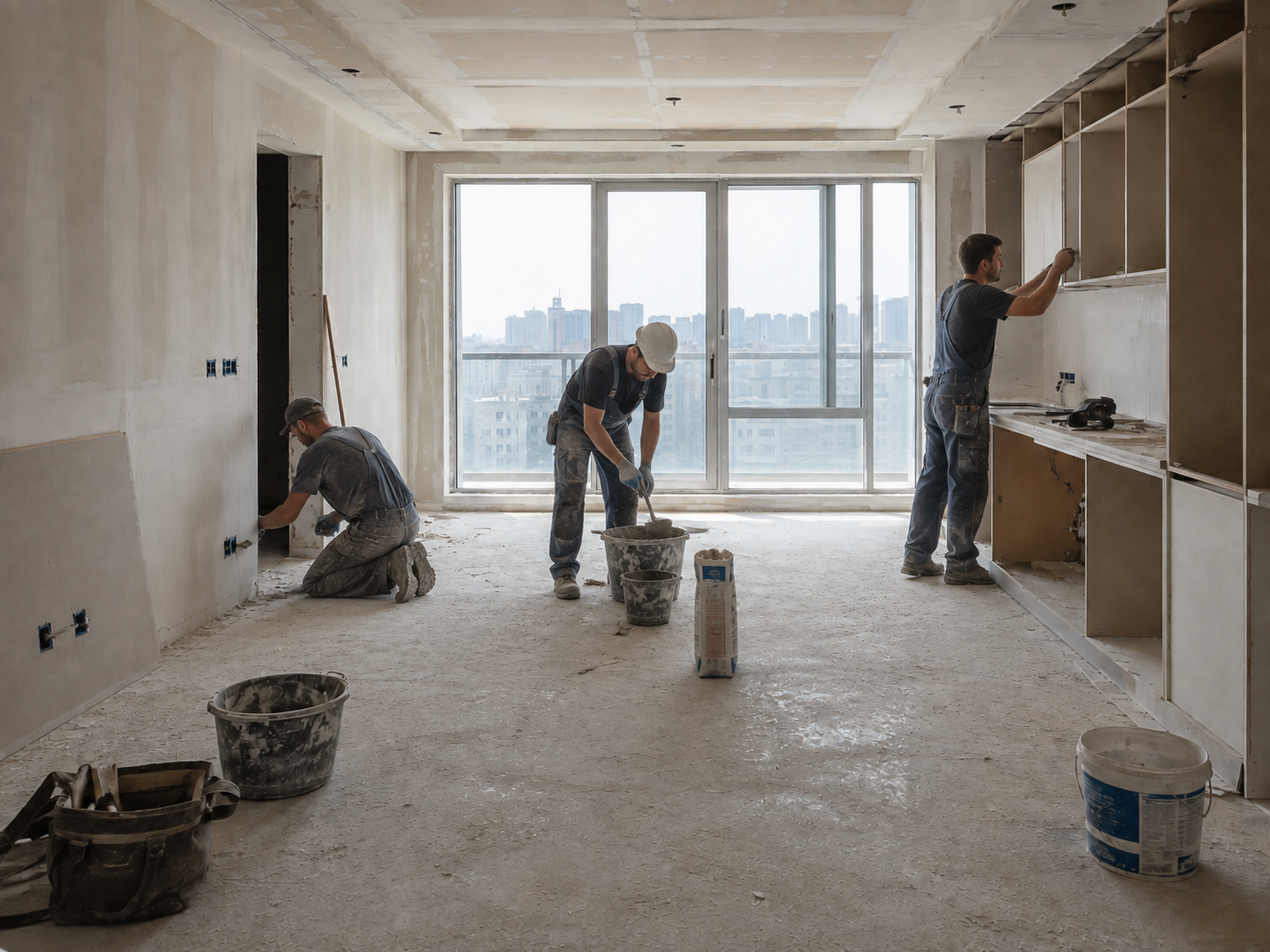 Apartamento ainda em obra, com poeira e resíduos de construção